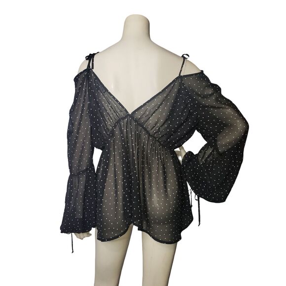 FOR LOVE & LEMONS Black White Dots Semi Sheer Long Sleeve Top Womens Size Medium - Picture 3 of 9